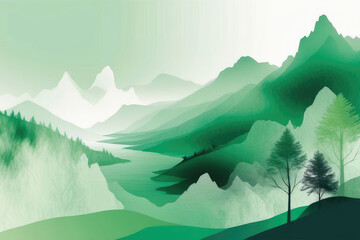 Watercolor composition of collage de green nature avec arbres et montagne.