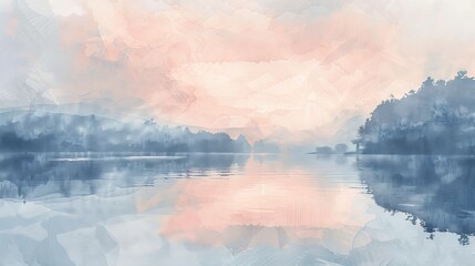 Wall Mural - Serene watercolor of a gentle lake at dawn, soft pastel colors reflecting tranquility and peace, ideal for a healing environment