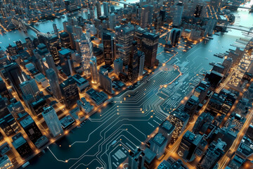 Poster - Aerial view of surreal night cityscape made by electronics circuit board with glowing light in concept technology, A.I., AI, digital.