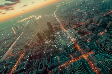 Wall Mural - Aerial view of surreal night cityscape made by electronics circuit board with glowing light in concept technology, A.I., AI, digital.