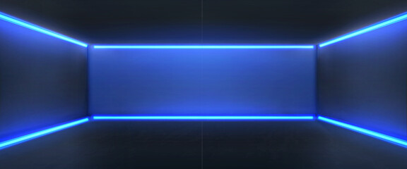 Poster - dark room with blue neon light. vector realistic illustration of empty futuristic black studio backg