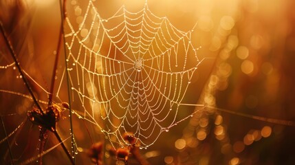 A close-up of a delicate spiderweb glistening with dewdrops in the early morning light, showcasing nature's intricate beauty.