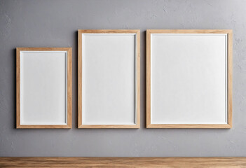 Poster - Close up of clean simple white blank frames with wooden frames of different sizes hanging up on a wall, bright lighting industrial feel - Mockup
