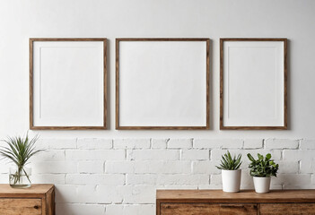 Poster - Close up of clean simple white blank frames with wooden frames of different sizes hanging up on a wall, bright lighting industrial feel - Mockup