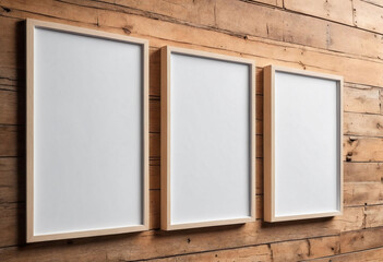 Aufkleber - Close up of clean simple white blank frames with wooden frames of different sizes hanging up on a wall, bright lighting industrial feel - Mockup