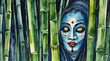 Demonic face emerged from the bamboo at night look like scary, watercolor paunting style, generative AI.