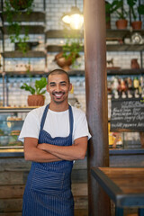 Poster - Cafe, man and business or happy portrait, entrepreneur and crossed arms and proud for startup. Coffee shop, restaurant or smile with owner for hospitality service, workplace for profession and work