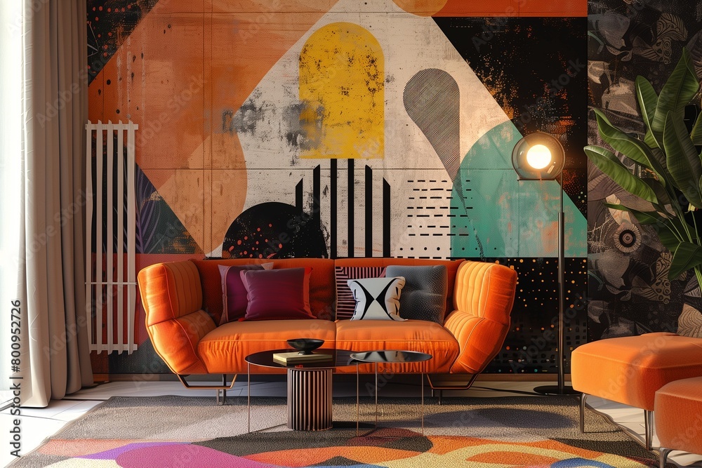 A modern luxury room with abstract patterns on the wall, featuring a ...