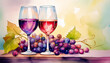 Elegant watercolor painted two wine glasses and fesh grape cluster still life, copy space on a side
