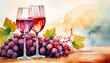 Elegant watercolor painted two wine glasses and fesh grape cluster still life, copy space on a side