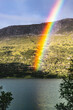 radiant, rainbow, arcs, serene, norwegian, fjord, traditional, log cabins, hills, vibrant, descending, lake, oppdal, norway, rustic, mountain, houses, green, adventure, bright, colorful, countryside, 