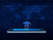 e-learning icon on modern smart mobile phone screen over world map and computer binary code blue background, Study online concept, Elements of this image furnished by NASA