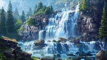 A Majestic Waterfall Cascading Down A Rocky Cliff, Creating A Mesmerizing Display Of Power And Beauty.