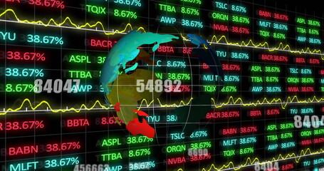 Poster - Image of globe and financial data processing over black background