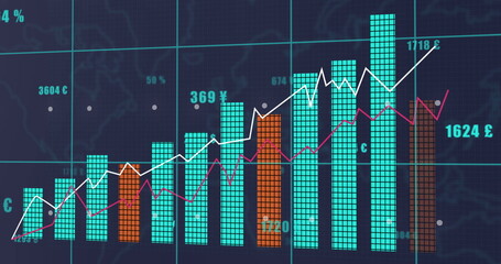 Canvas Print - Image of financial data processing over grey background