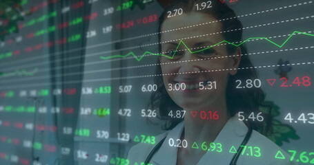 Poster - Image of financial data processing over caucasian female doctor in hospital