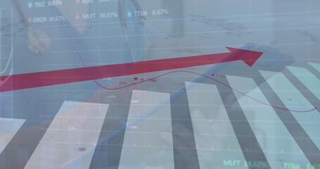 Canvas Print - Image of financial data processing over caucasian male doctor writing in hospital