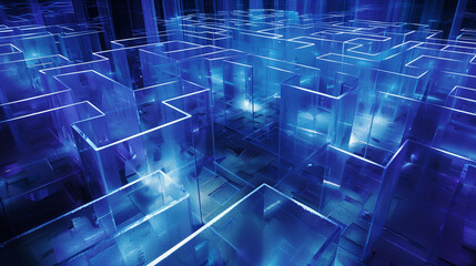 Poster - a labyrinthine maze constructed from glowing clear glass panels. Within the labyrinth, intricate patterns of light and shadow dance across the transparent walls, guiding explorers on a journey of disc