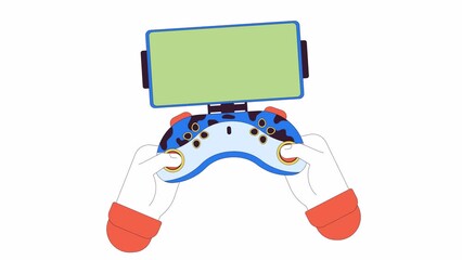 Poster - Phone holder for game controller line 2D character hands animation. Gamepad smartphone empty screen flat color cartoon 4K video, alpha channel. Pressing buttons animated hands on white background