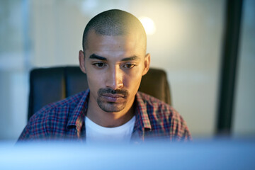 Fototapete - Computer, face and serious with developer man in office for coding, programming or web design. Internet, software and technology with confident programmer reading source code in workplace at night