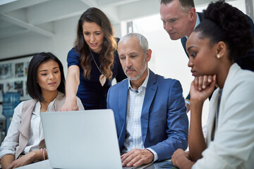 Poster - Collaboration, laptop and management with business people in office for problem solving or project management. Meeting, planning and technology with corporate employee group in workplace together