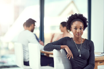 Poster - Business meeting, portrait and black woman in boardroom of office for planning or project management. Company, training or workshop with serious employee in workplace for upskill development