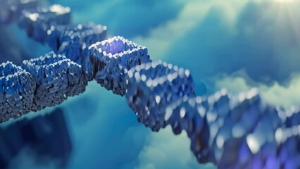 Poster - A captivating computer-generated Video showcasing floating cubes suspended in the air, A bridge constructed from interlinked blocks symbolizing blockchain connections