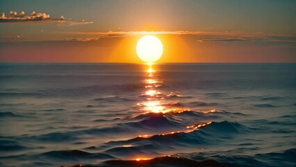 Wall Mural - Witness the stunning sight of the sun sinking below the horizon as the day comes to a peaceful end over the vast ocean, A bright yellow sun setting over a deep blue ocean