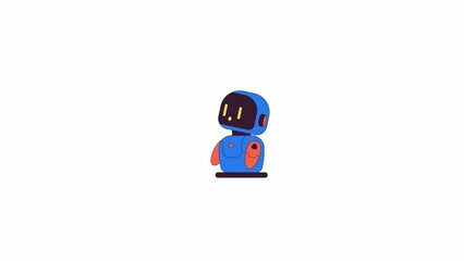 Poster - Little ai robot moving and smiling line 2D character animation. Interactive toy blinking eyes flat color cartoon 4K video, alpha channel. Small robotic friend animated robot on white background