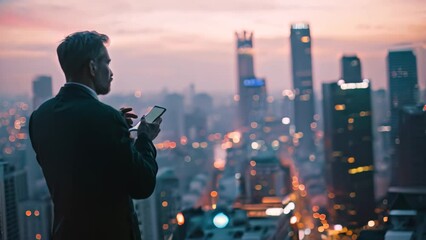 Sticker - A man in urban setting standing on top of a building, engrossed in his cell phone, A businessman using a cellphone with a city skyline in the background