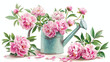Watering can with beautiful peonies on white background