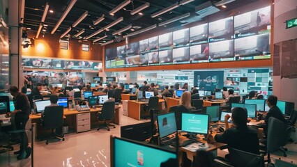 Poster - a room packed with numerous computer monitors for efficient data processing and seamless multitaskin
