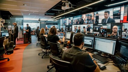 Poster - a diverse group of individuals collaborating on projects while sitting in front of computer monitors
