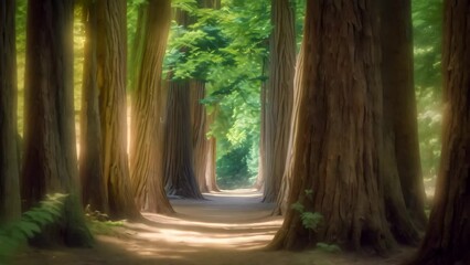 Wall Mural - A tranquil dirt road stretches through a dense forest of tall trees, creating a picturesque scene, A captivating grove of sequoia trees sheltering a quiet path in a park