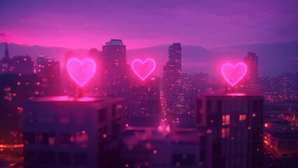 Canvas Print - A striking photo capturing the vibrant glow of neon lights on a citys buildings, A city skyline at dusk with heart-shaped neon lights