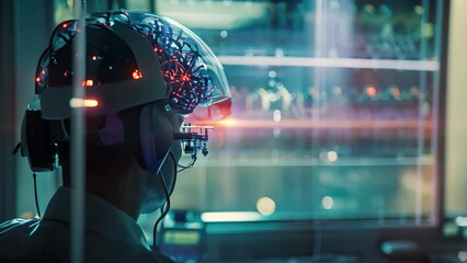 Poster - A man wearing a white lab coat and headphones, carefully examining information on a computer screen, A futuristic EEG machine reading brainwave patterns