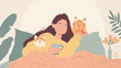 Woman with cute cat in bed. International Cat Day Vector
