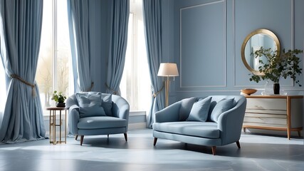 Wall Mural - model of a living space featuring an armchair in a light blue color. Wall of blue-gray with sunbeams. exquisite marble flooring. bluish drapes