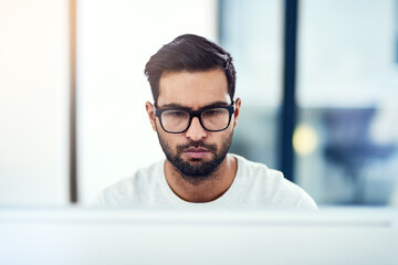 Poster - Computer, man and working in office for research, planning or website design. Male entrepreneur, pc and reading with concentration on internet for information, connection and online business
