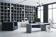 Modern gray coworking office interior with panoramic window and city view. 3D Rendering.