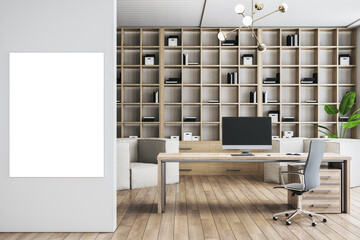 Poster - Modern wooden and concrete coworking office interior with mock up banner on wall. 3D Rendering.