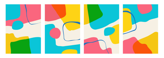 Poster - Abstract backgrounds with various curved bright colored shapes and blue bent lines for creative graphic design. Vector illustration.