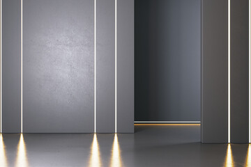 Poster - Modern gray concrete interior with light reflections on floor and mock up place. Gallery concept. 3D Rendering.
