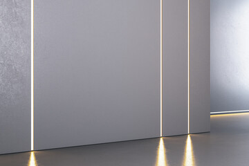 Poster - Bright gray concrete interior with light reflections on floor and mock up place. Gallery concept. 3D Rendering.