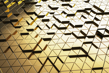 Poster - Creative golden triangular backdrop. Landing page concept. 3D Rendering.
