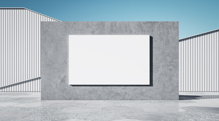 Aufkleber - Abstract light exterior with empty white mock up banner on wall and blue sky background. 3D Rendering.