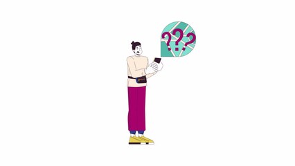 Poster - Nervous man searching location with mobile app line 2D character animation. Lost during travel flat color cartoon 4K video, alpha channel. Caucasian tourist animated person on white background