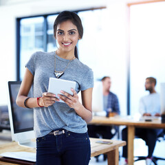 Leinwandbilder - Business woman, tablet and portrait in office for information technology, software and planning online at startup. Indian programmer, worker or employee on digital app or cloud computing in workplace