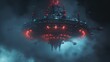 Capture a menacing alien spacecraft from a low angle, oozing ominous neon lights in a night sky, blending futuristic tech with horror