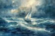 Paint a serene seascape with a lone sailboat navigating stormy waters in watercolor Utilize an overhead perspective to convey isolation and perseverance amidst chaos in a subtle, emotional manner